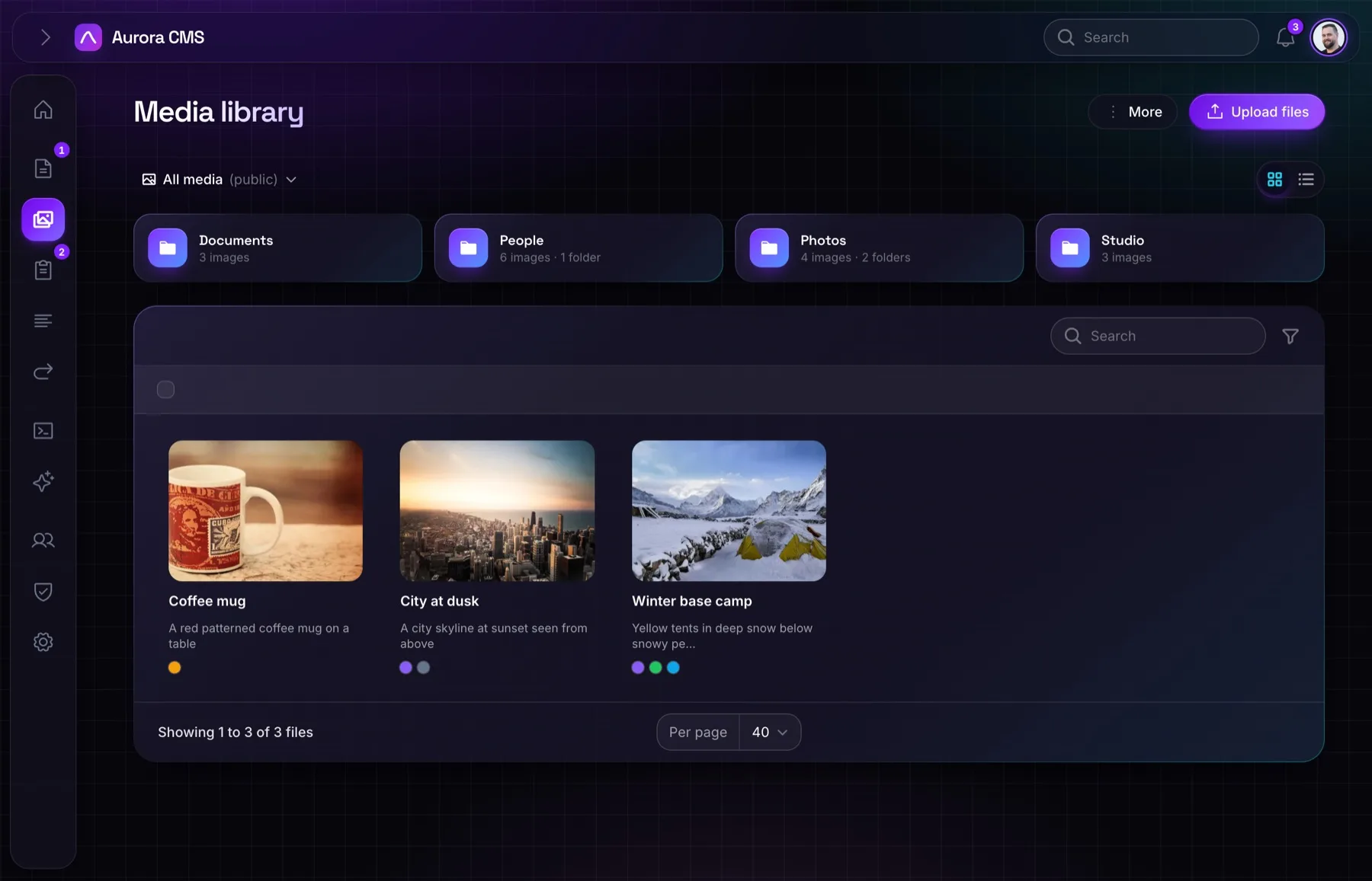 The Aurora media library, with folders and image cards