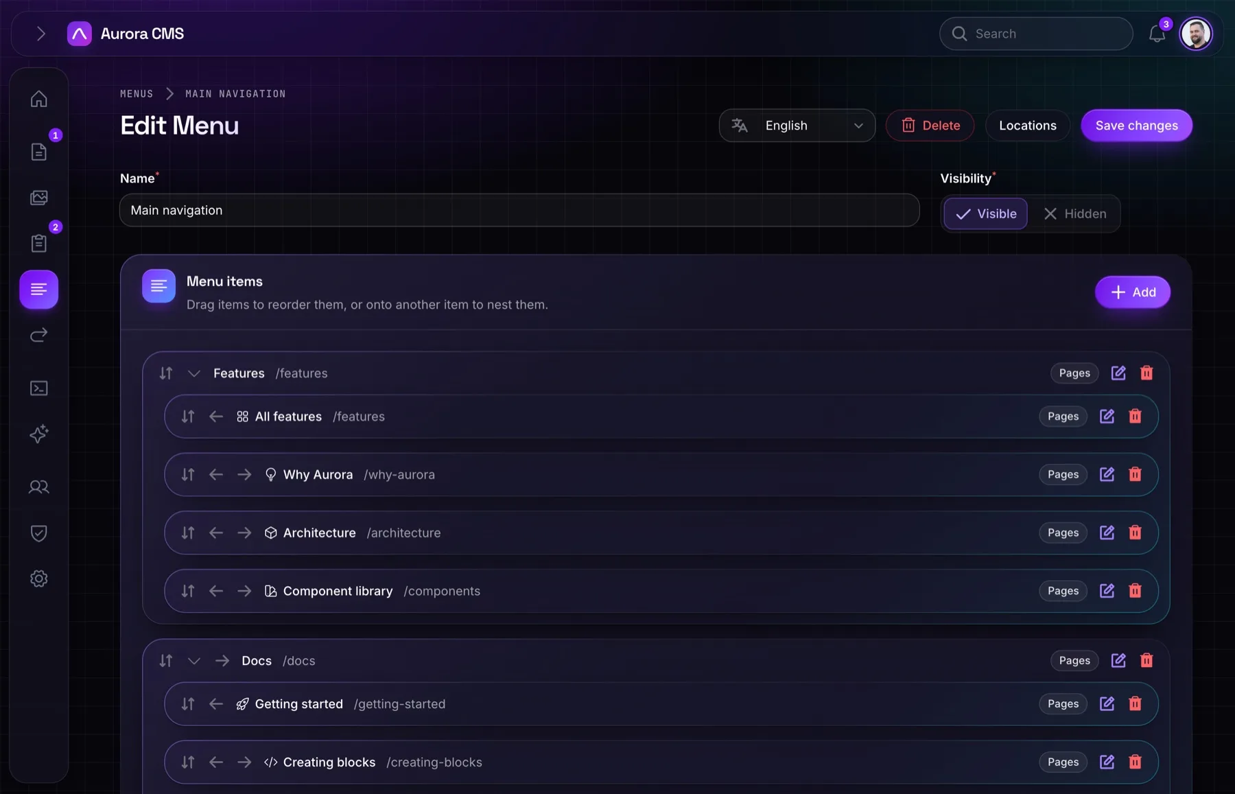 The Aurora menu editor, with nested menu items linked to pages