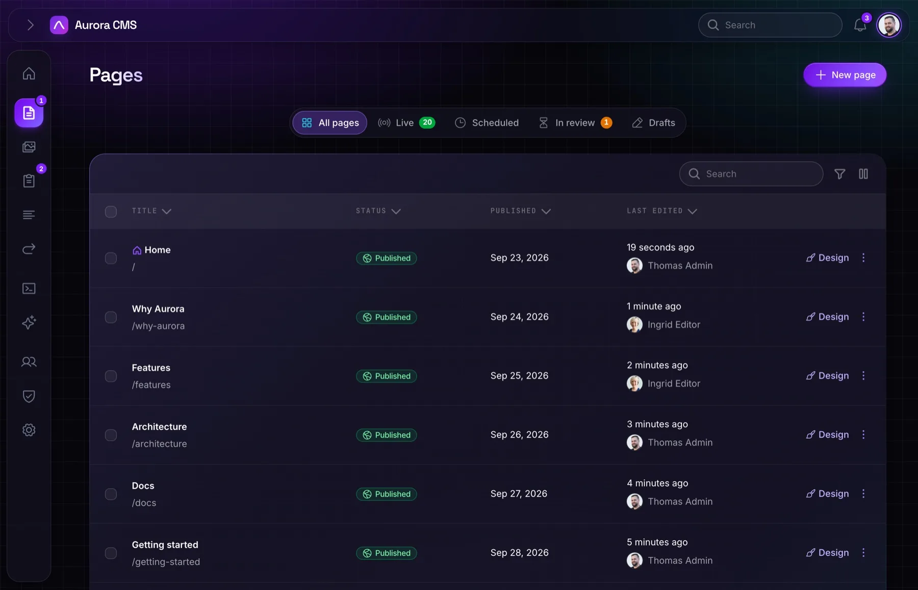 The pages list in the Aurora admin