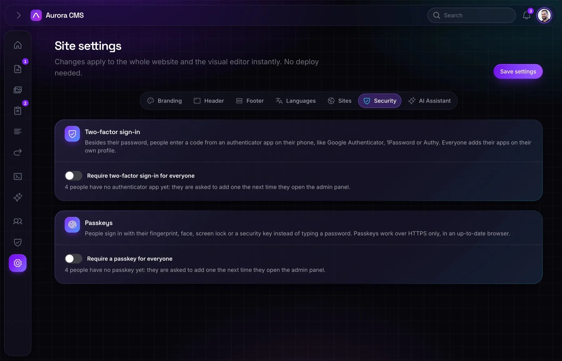 Security settings in Aurora: switches to require two-factor sign-in and passkeys for everyone
