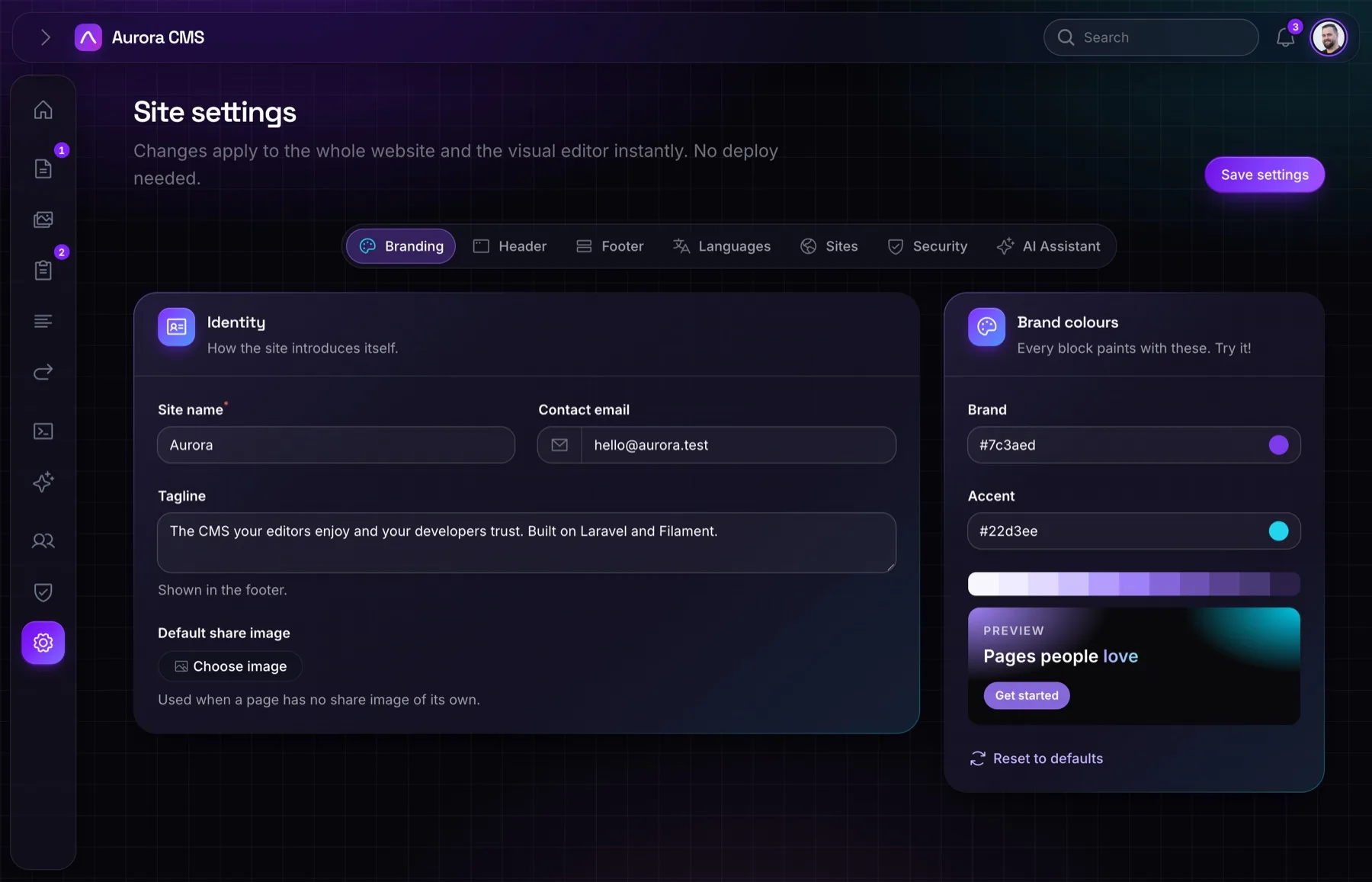 Site settings in Aurora: the site name, contact address, tagline and brand colours