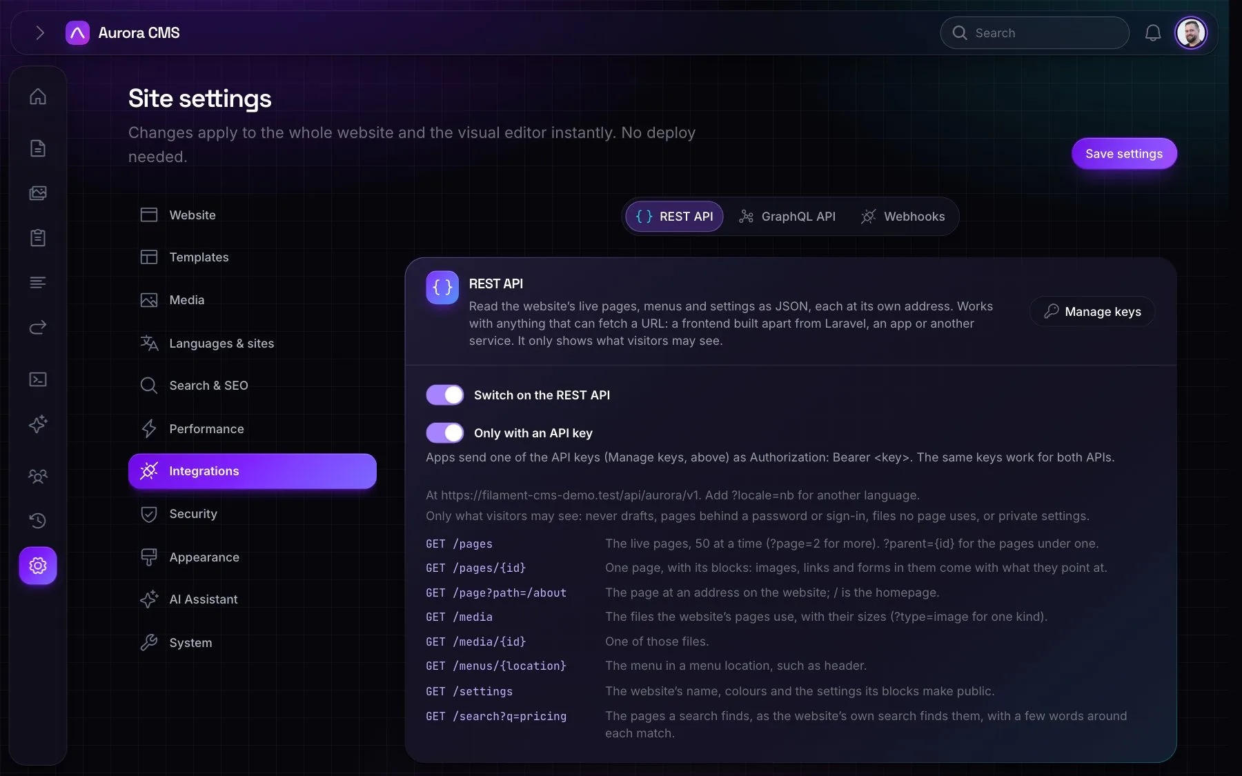 The REST API settings: switched on, whether a key is needed, and how to call it