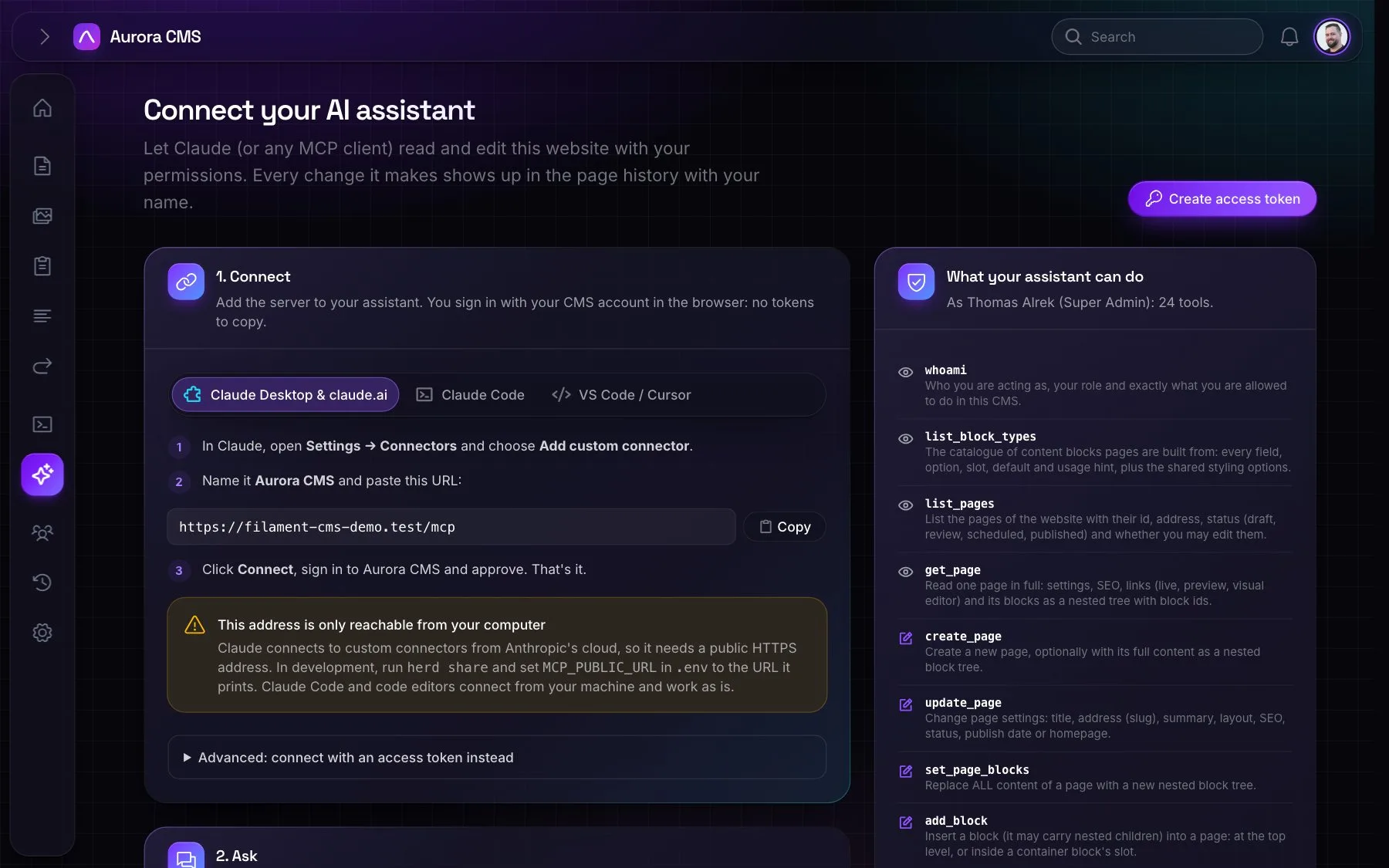 Connect AI apps: step-by-step setup for Claude and other apps, with copy buttons