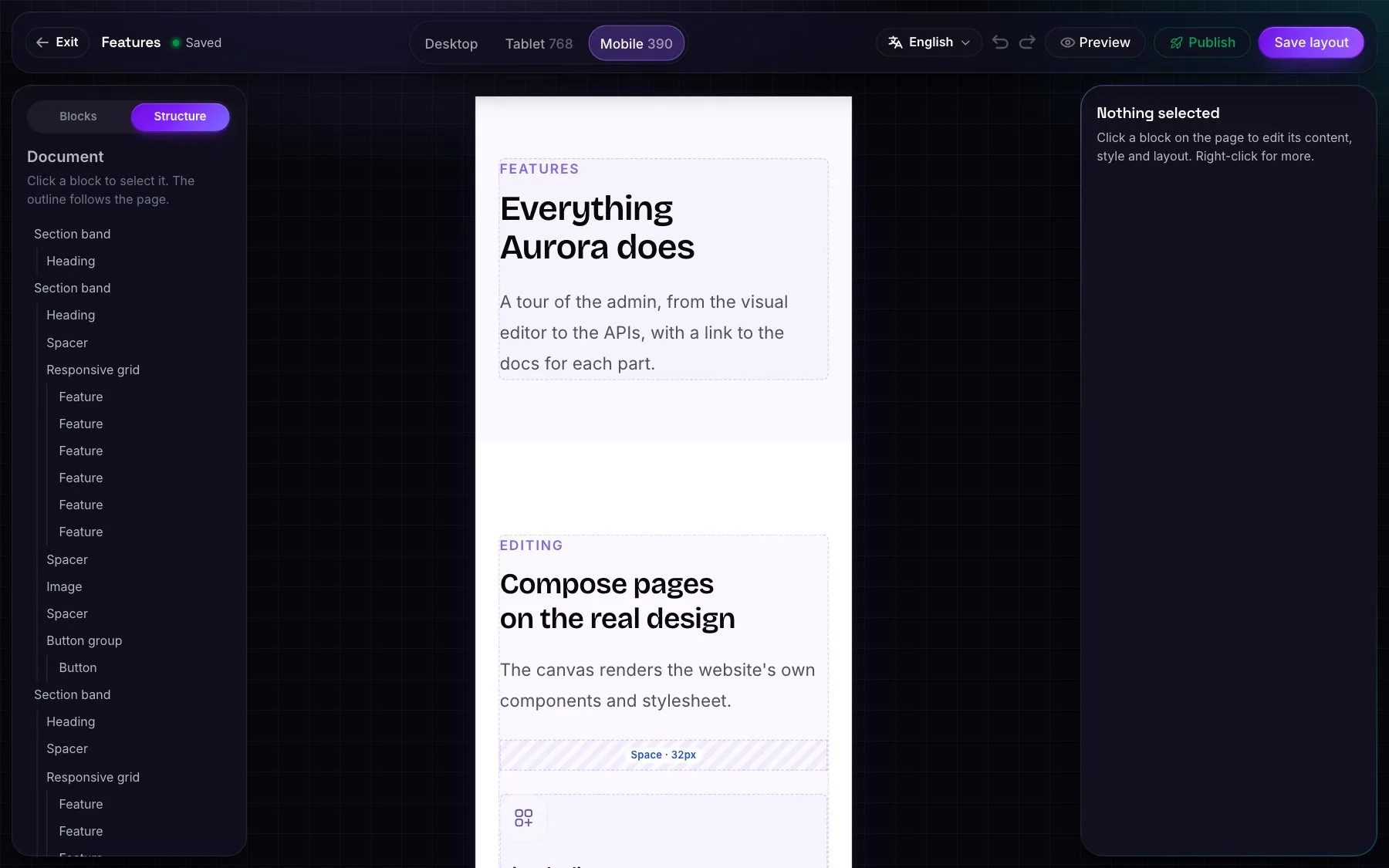 The visual editor showing the page at mobile width, with the structure outline open