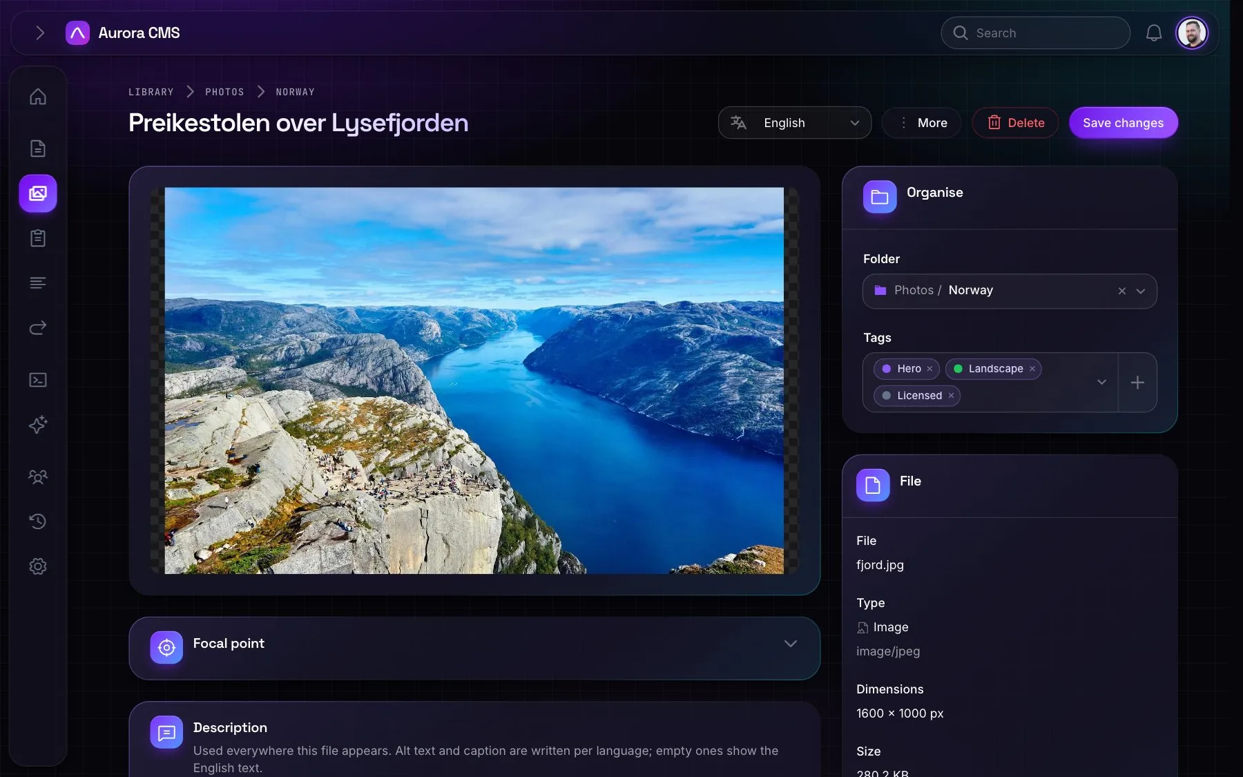 An image's page in the media library: the preview with its focal point, alt text, caption, folder and tags