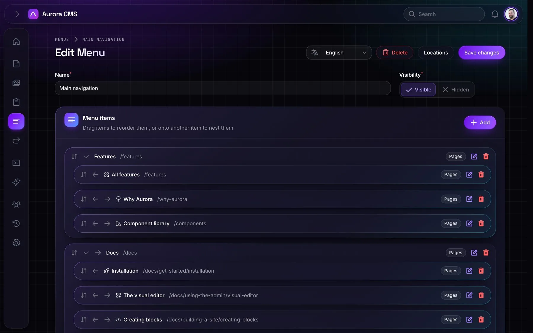The menu editor, with nested menu items linked to pages
