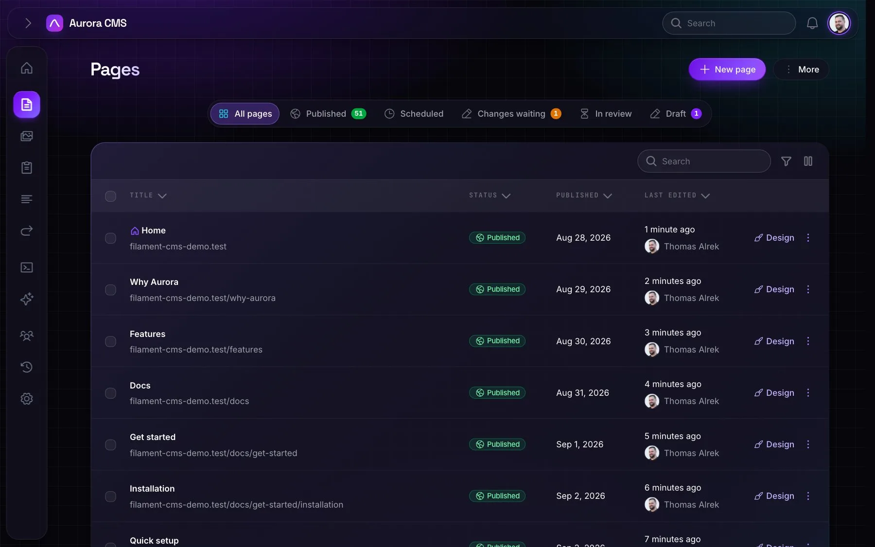 The pages list in the Aurora admin, with status tabs, each page's address, status, layout and last edit