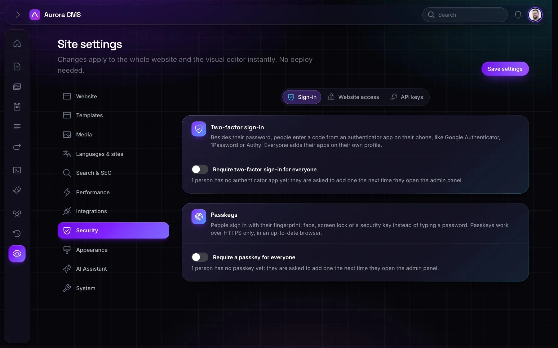 Security settings: switches to require two-factor sign-in and passkeys for everyone