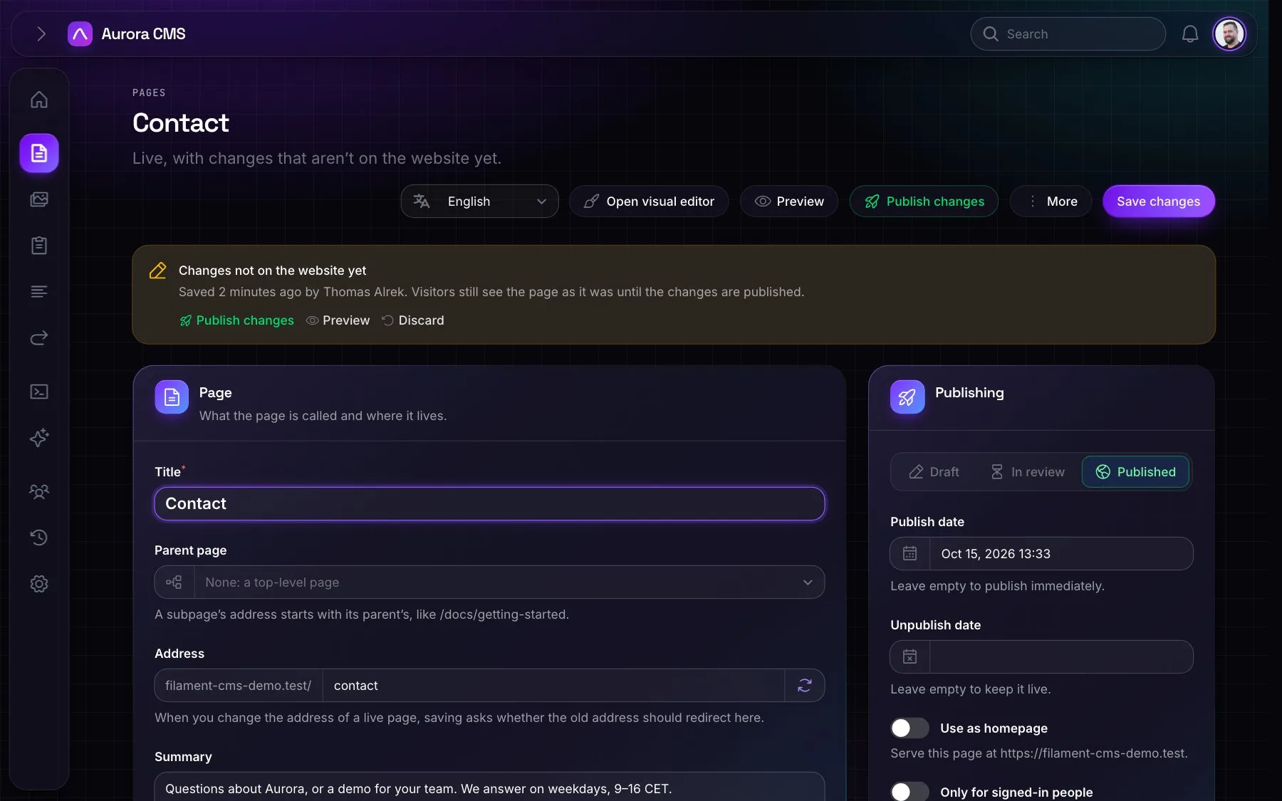 A live page with a banner saying its saved changes are not on the website yet, with Publish changes, Preview and Discard