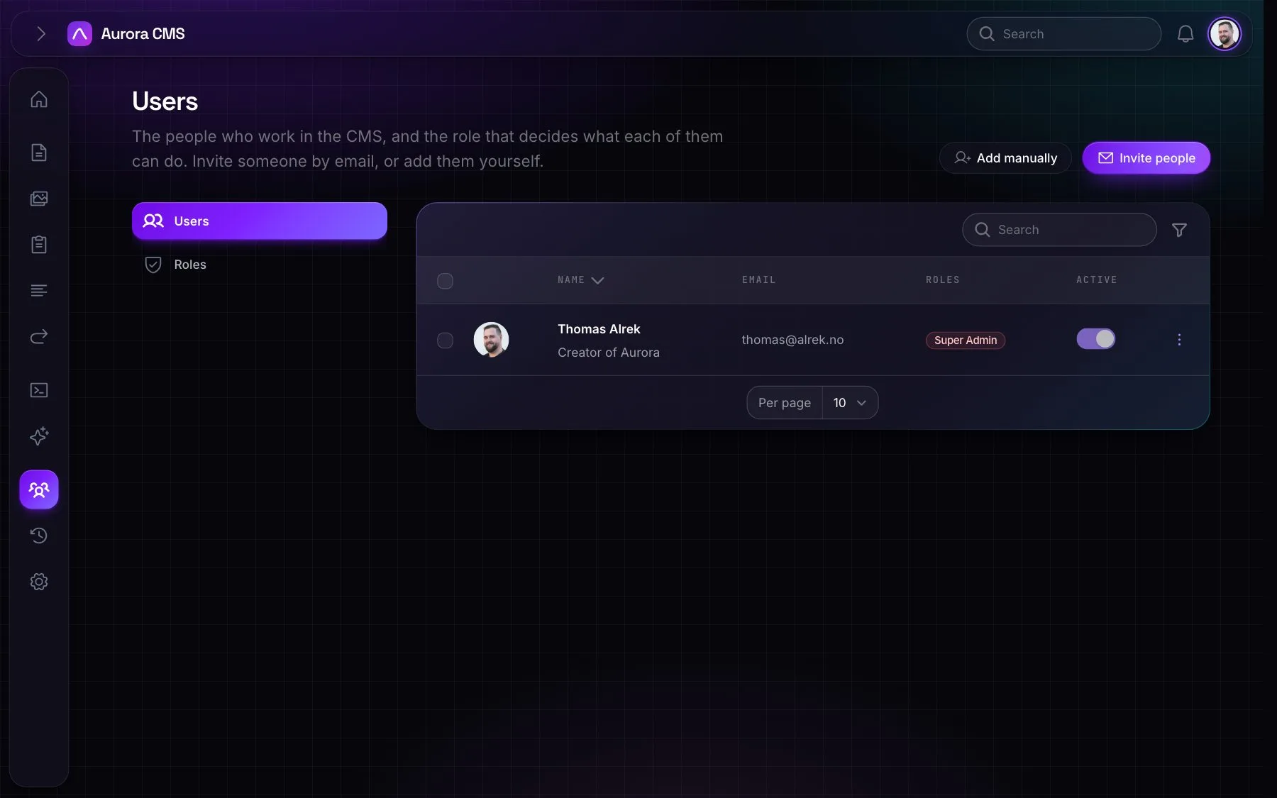 The users list with each person's roles, sites and how they sign in