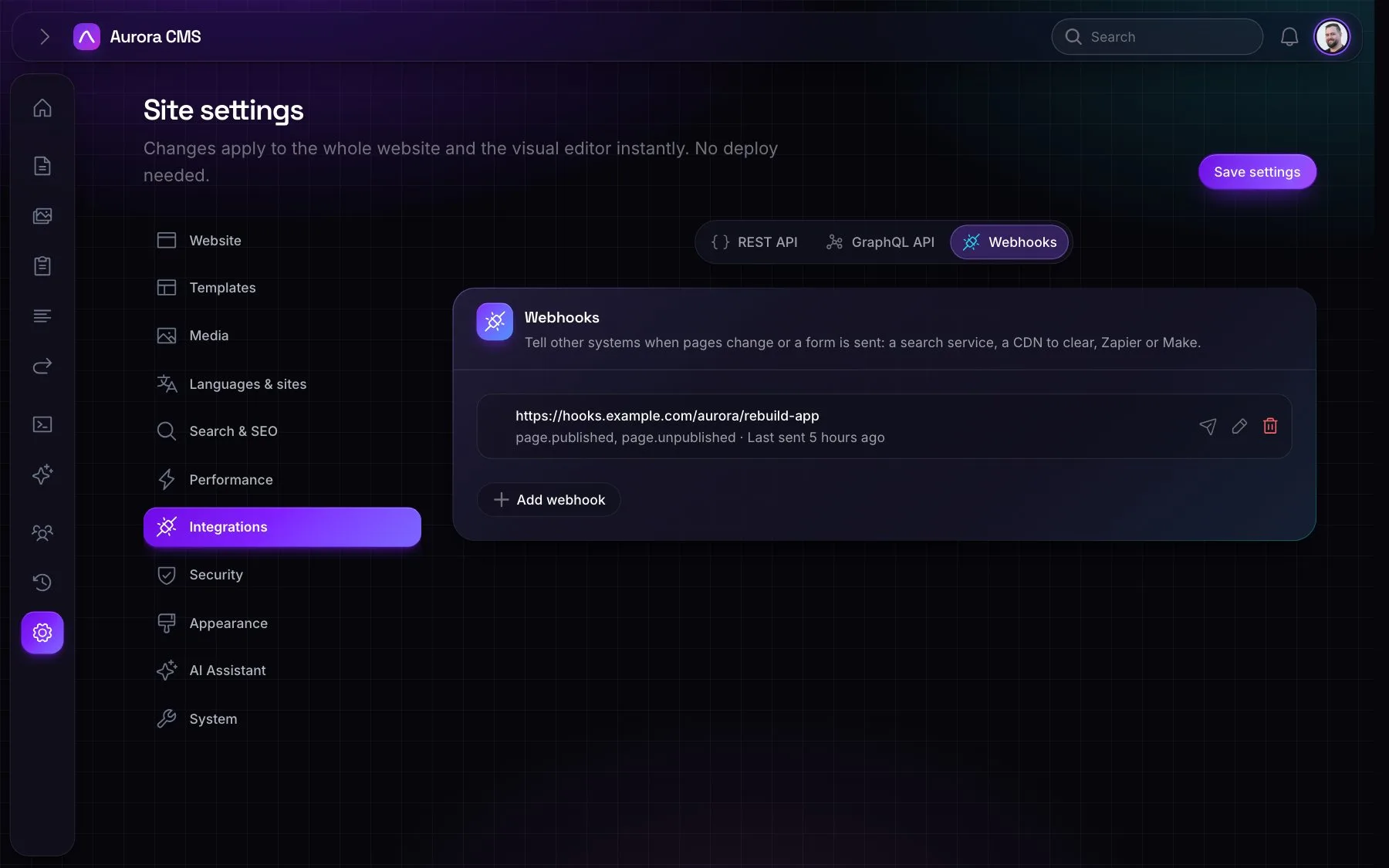 Webhook settings: addresses told about content events, with a signing secret